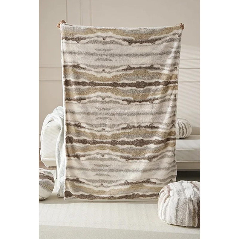 Jeté réversible beige en molleton fausse fourrure à rayures en peluche