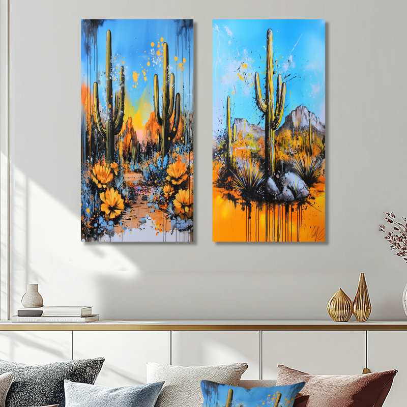 Paysage abstrait de cactus mexicains - ensemble de 2 impressions murales botaniques en métal, 32" H x 32" W
