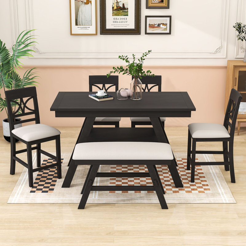 Essonne 6-Piece Dining Set, Counter Height Table with Storage Shelf and Upholstered Chairs and Bench, Espresso