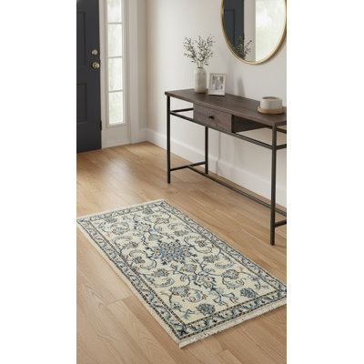 Tapis gris / blanc en laine noué à la main de conception unique 2 pi 3 po x 4 pi 8 po années 2000 Robichaux