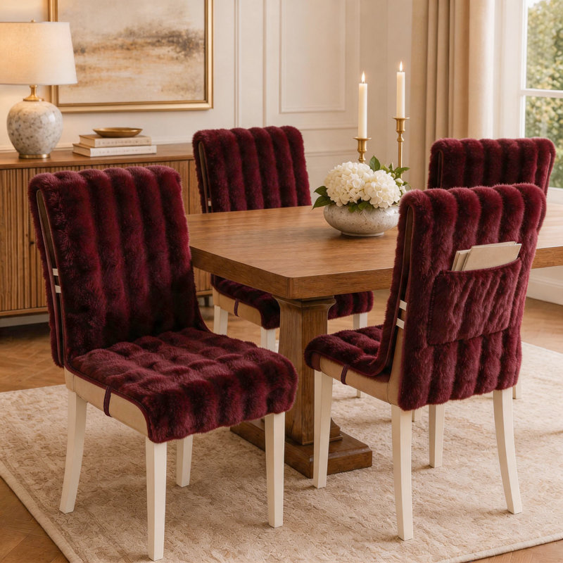 Ensemble de housse de chaise de salle à manger en peluche à motif vertical, Rouge, 4 housses de chaise