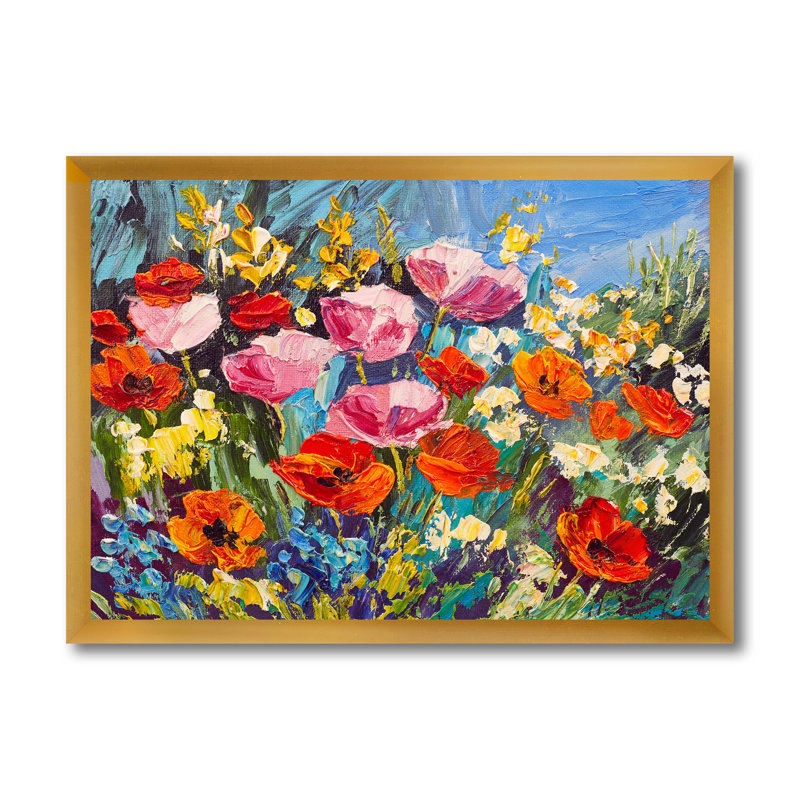 Fleurs printanières colorées - peinture sur toile, Cadre doré, H 30 po x l 40 po x 1,5 po