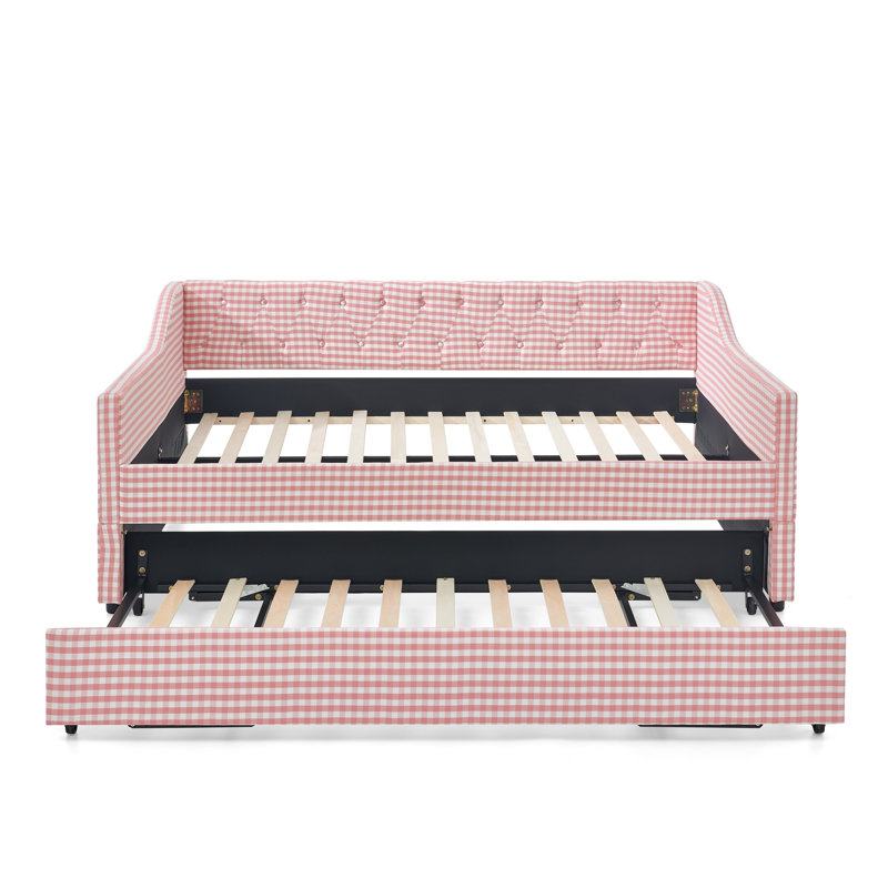 Upholstered Convertible Daybed with Tufted Button Backrest, 3‑in‑2 Versatile Sofa Bed with Pull‑Out Trundle & Side Storage