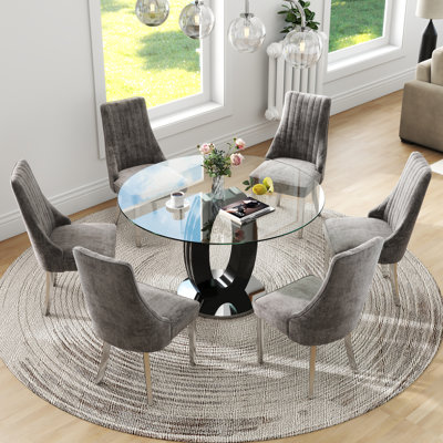 Ensemble de salle à manger moderne à piédestal rond en verre trempé avec fauteuil revêtu de chenille