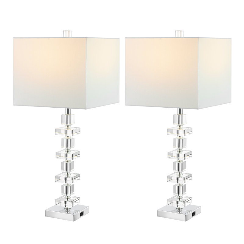 White Crystal and Chrome Art Deco Table Lamp Set with USB Port