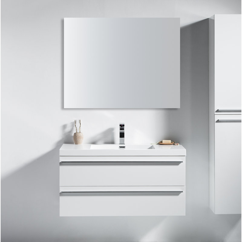 Jordyn 42 po L x 19 po P 2 tiroirs Meuble-lavabo avec évier simple, Comptoir en Acrylique et armoire à pharmacie blanc et armoire à pharmacie