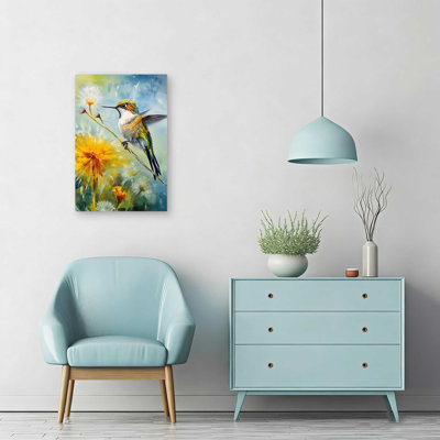 Décoration murale colibri reposant sur un pissenlit pour le salon, la chambre à coucher ou le bureau - 12 x 18 pouces - bleu