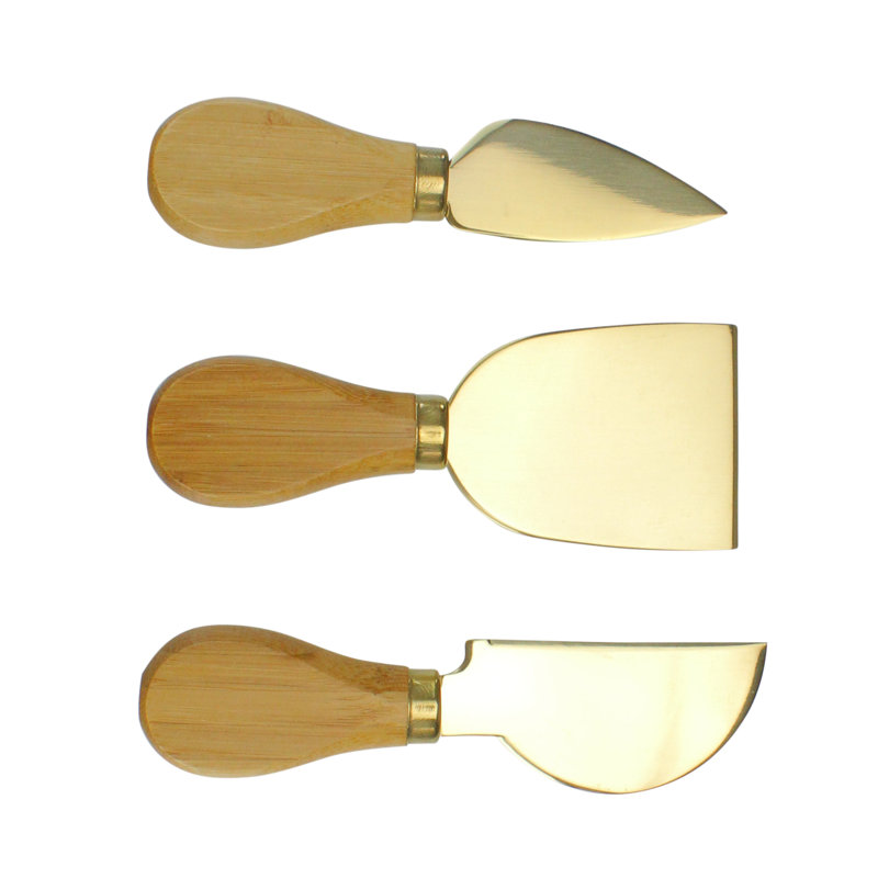 Ensemble de 3 couteaux à fromage doré avec manche en bambou
