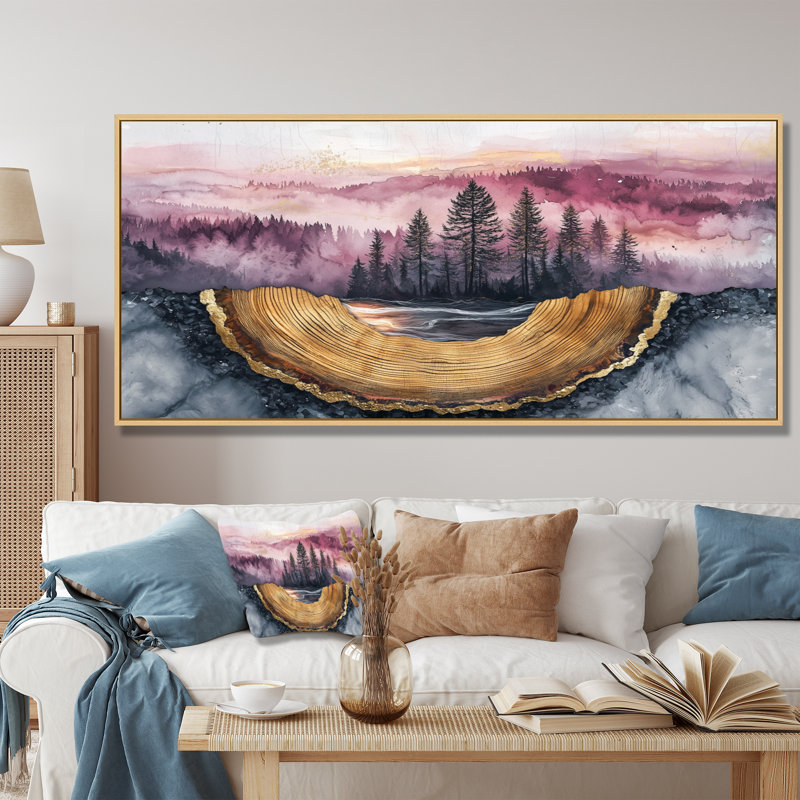 Forêt, rivière, améthyste, cristal IV - forêt, art mural, H 28 po x l 60 po, Cadre flottant, Doré