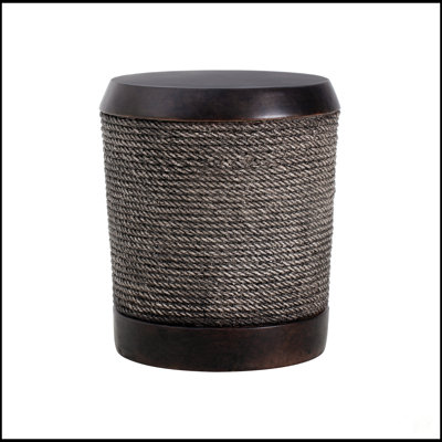 Outdoor Simulated Braided Cord MGO Side Table With Vintage Trim – Indoor Retro Cylindrical End Table For Home & Patio Decor