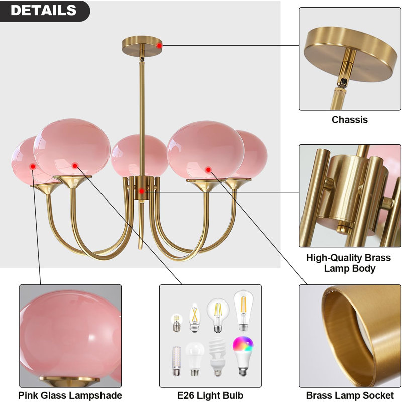 Lustre globe en verre rose 5 lumières