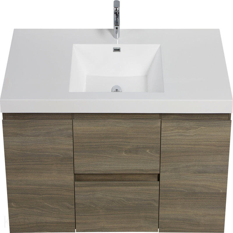 Meuble-lavabo mural de 60 po avec lavabo, meuble de rangement mural avec lavabo à surface solide et tiroirs à fermeture en douceur entièrement assemblés, gris cendré