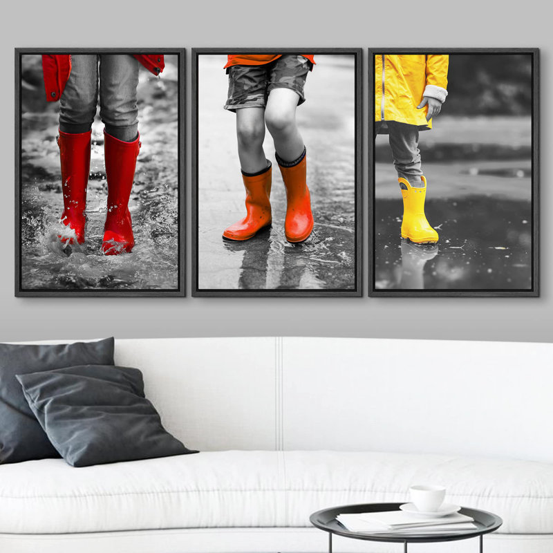 Décoration murale moderne en couleurs vives rouge et jaune en noir et blanc, Cadre flottant noir, H 36 po x l 72 po