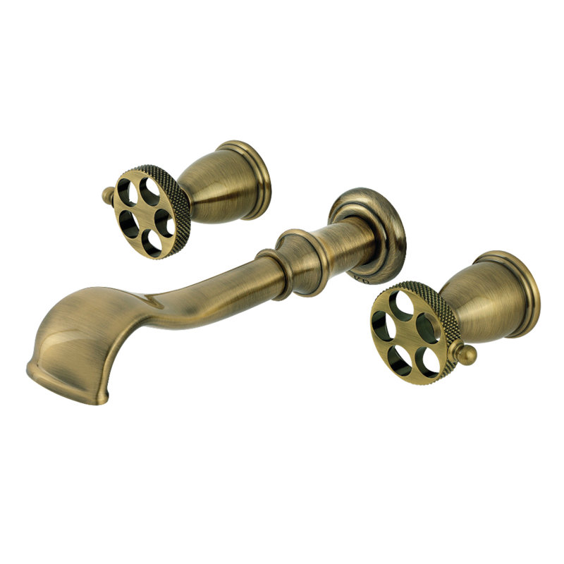 Kingston Brass Webb Two-Handle 3-Hole Wall Mount Roman Tub Faucet with Knurled Handle, Antique Brass
