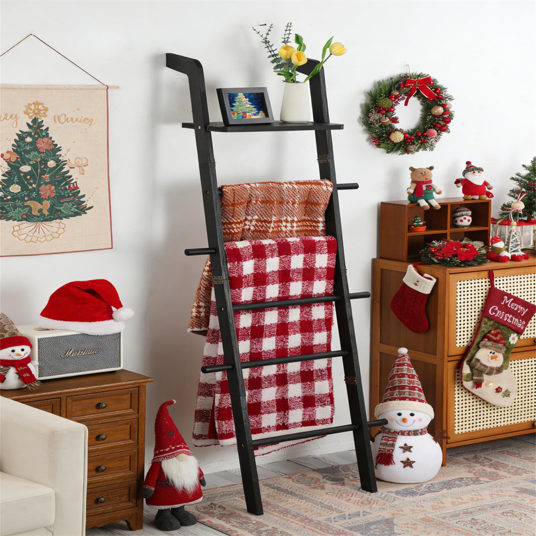Black Blanket Ladder With Top Shelf For The Living Room - 67In Decorative Wooden Blanket Holder For Throws, Wall Leaning - Rustic Farmhouse Towel Ladd