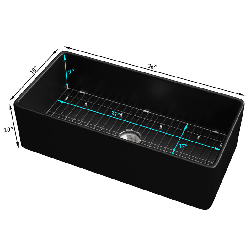 Évier de cuisine à simple cuve rectangulaire en argile réfractaire avec grille d'évier et crépine, Noir