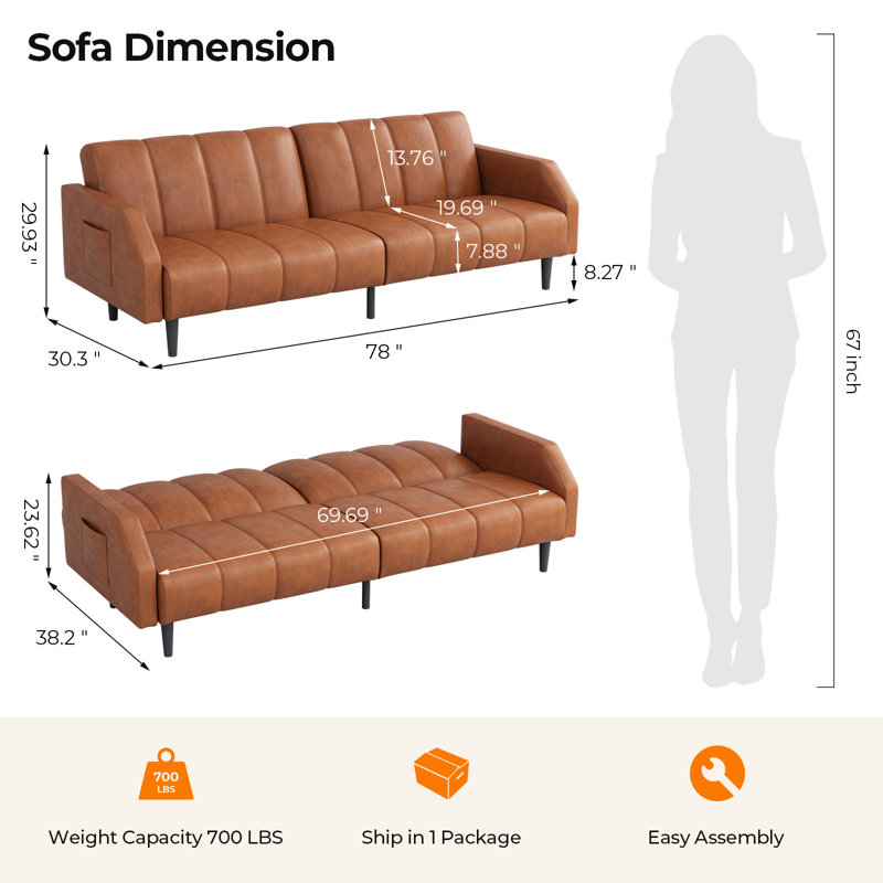 Canapé convertible en similicuir 77,56 po, futon avec dossier réglable pour les petits espaces, salon, bureau, Brun