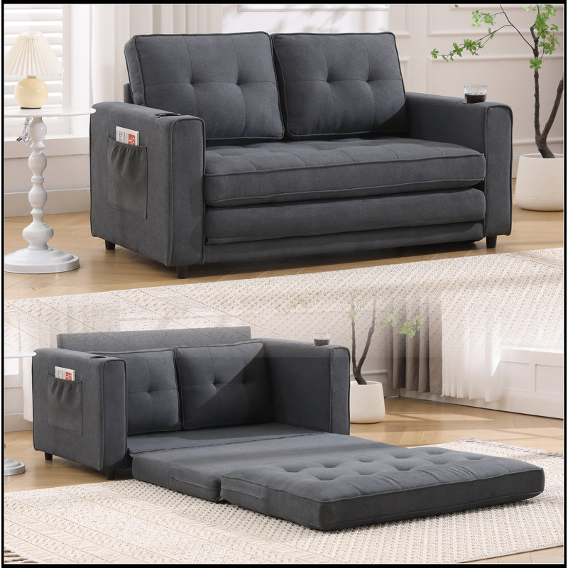 Canapé-lit convertible 3-en-1 avec futon et canapé-lit, causeuse pliable et capitonnée avec canapé-lit escamotable, causeuse à dossier rabattable avec poches latérales et porte-gobelet