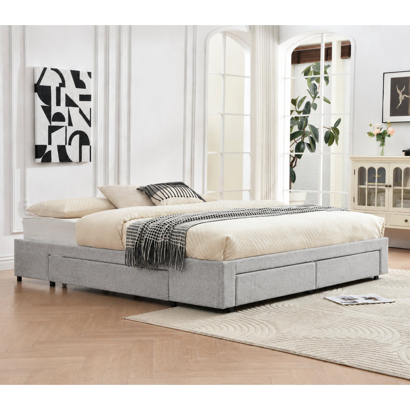 4 Drawer Upholstered  Platform Storage Bed, King, Gray