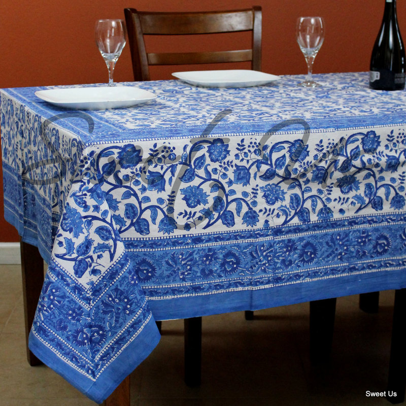 Cotton Block Print Floral Tablecloth Collection, 106'' x 70''