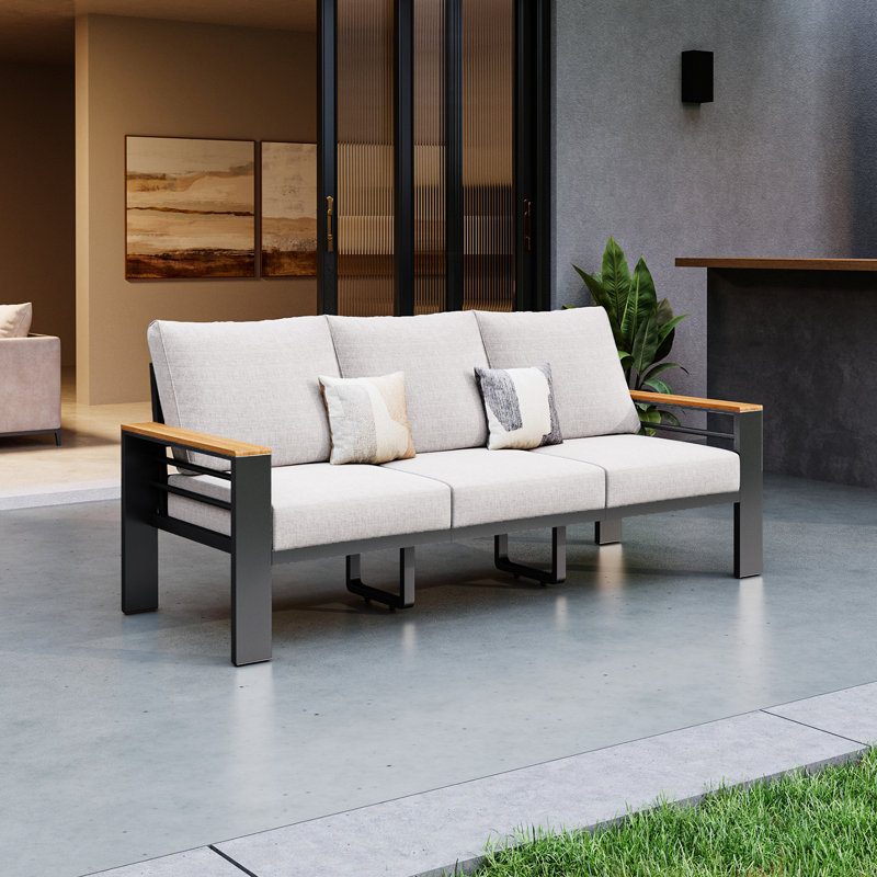 75" Modern Outdoor 3-Person Aluminum Sofa, Beige