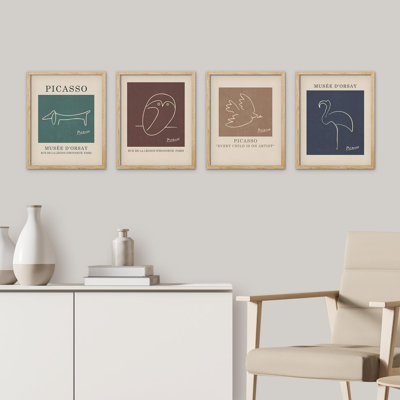 " Mid-Century Bird Sketch Variety Nature " 4 - Pieces