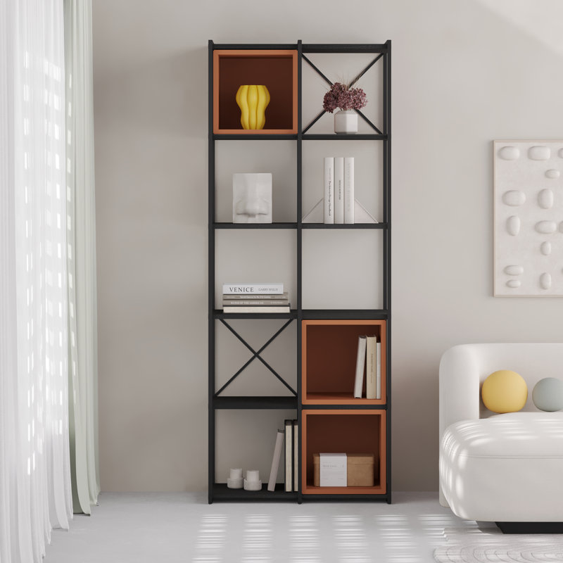 Vale 5-Shelf Display Bookcase with Cross Metal Frame, Black/Cinnamon