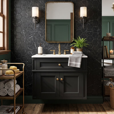 Modern 24" Wall-mounted Bathroom Vanity With Ceramic Sink, Tip-Out Drawer & 2 Soft-Close Doors With Organizers