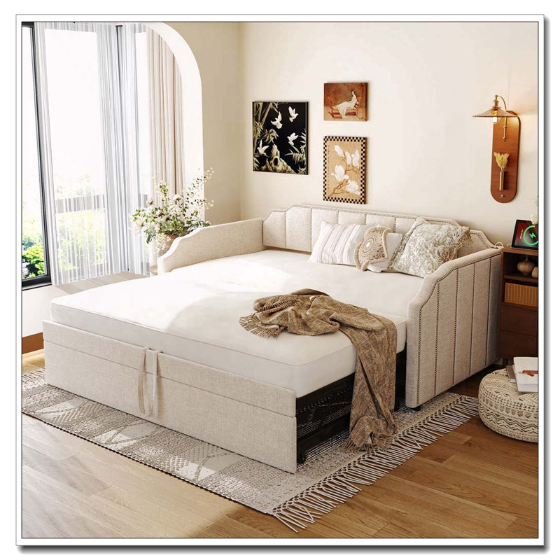 Twin Size Upholstered Daybed with Pop-Up Trundle & USB Charging Ports, Beige