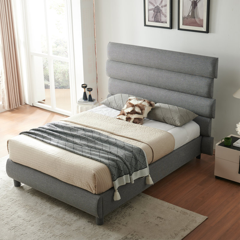 Luxury 60-Inch Asymmetrical High-Back Linen Upholstered Platform Bed - Memory Foam Compatible, No Box Spring Needed | Elevate Your Bedroom with Contemporary Style & Restful Comfort