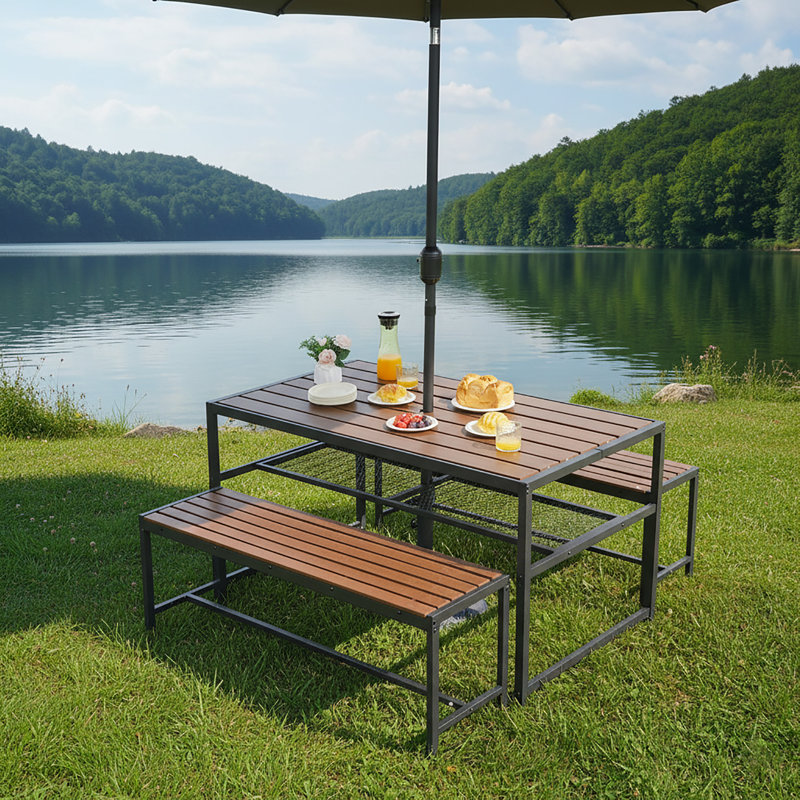 Outdoor Hdpe+metal Frame Patio Dining Set For 4-6, Outside Patio Picnic Table With Benches