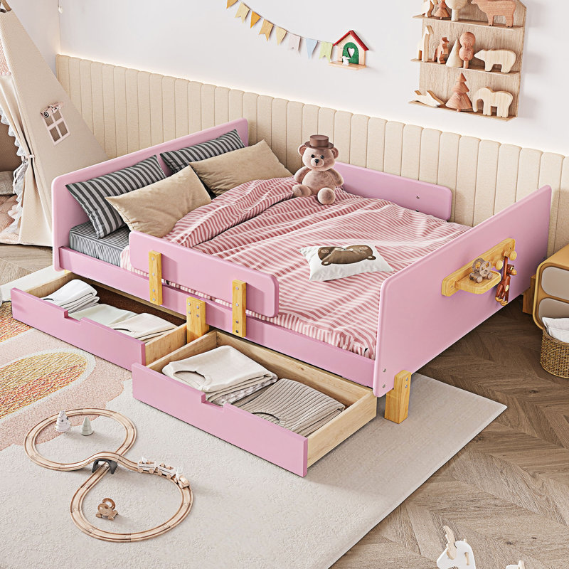 Lit plateforme double en bois avec tiroirs, tablette et crochets, Lit double, Rose