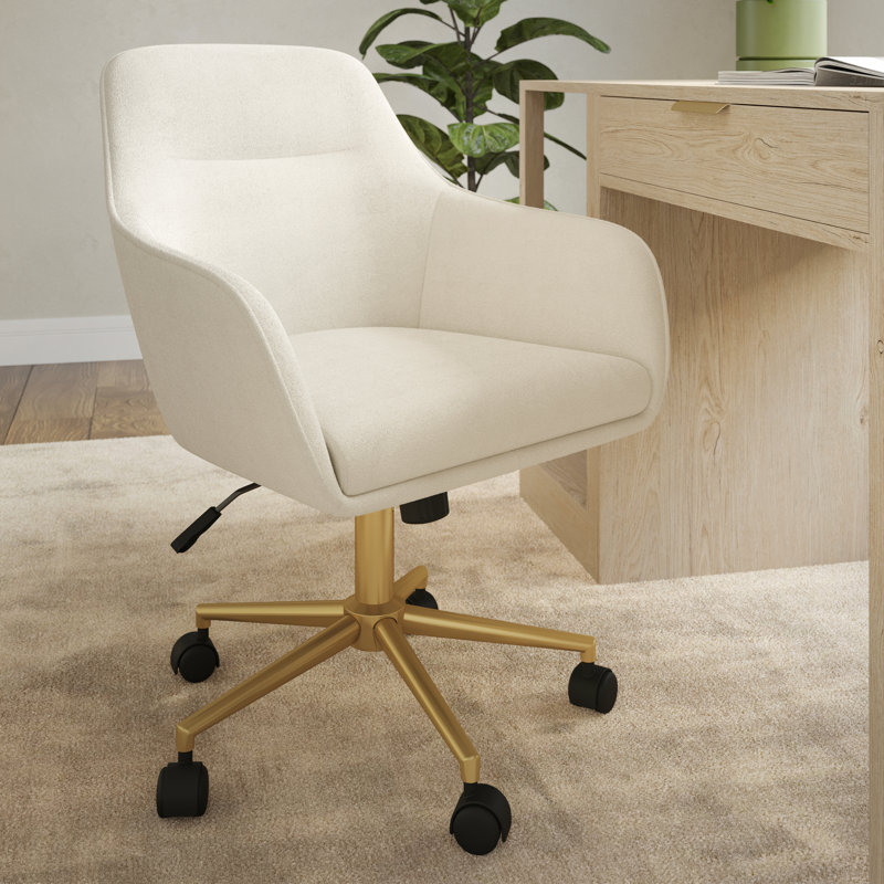 Chaise de bureau rembourrée Rayna, Blanc, Laiton poli, Tissu