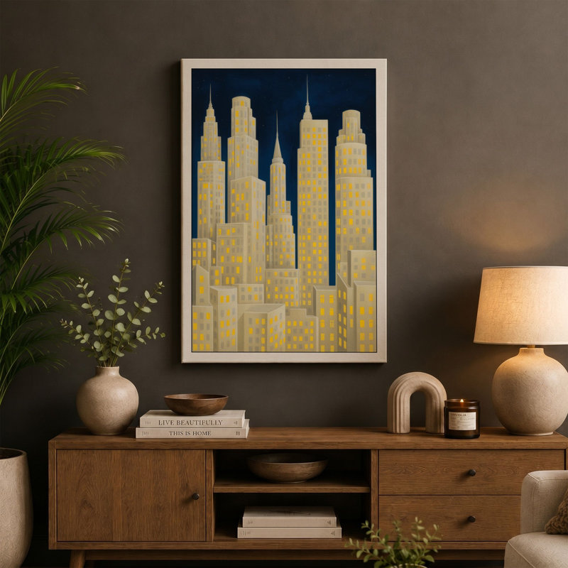 Nocturne Skyline Art Deco - Wrapped Canvas, 36x24 - 91.4 x 61.0 cm, Taupe Border
