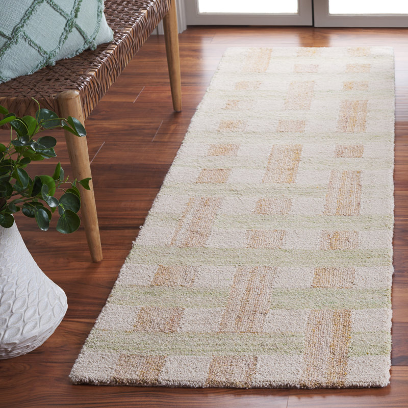 Keyshun Hand Tufted Wool/Cotton Geometric Rug in Ivory/Green, Runner 2'3" x 8'