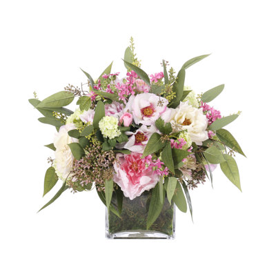 Pivoine rose, rose crème, cube en verre mousse, l 24 po x P 19 po