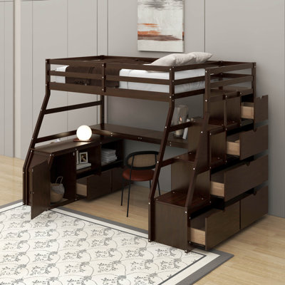 Lit mezzanine simple avec tiroirs, tablettes et bureau