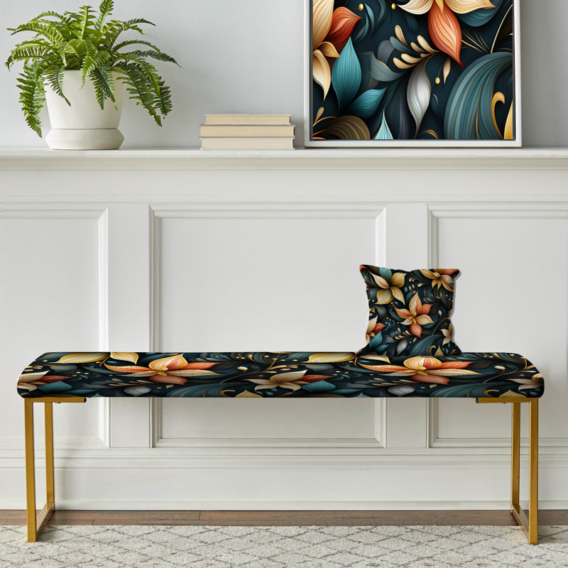 Mindful Contemplation Mediation I - Floral Upholstered Gold Bench