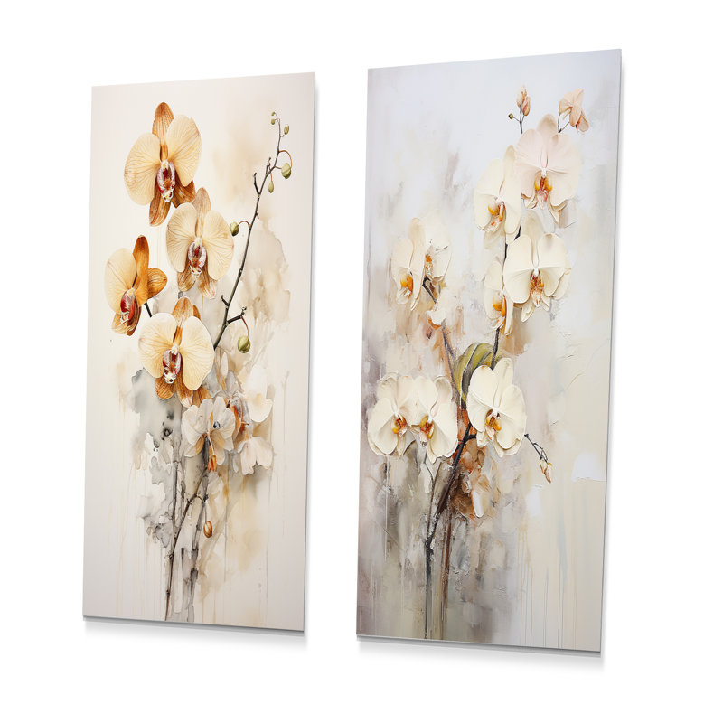 Orchidée beige et or - ensemble de 2 décorations murales en métal orchidées, H 28 po x l 24 po