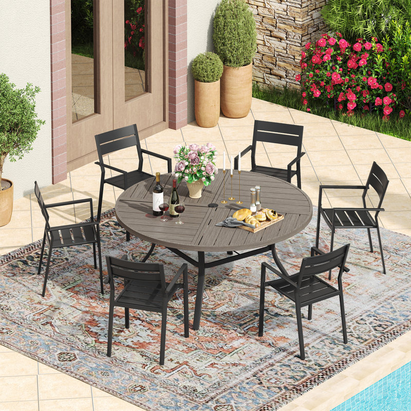 Round Patio Dining Set, Brush Wood Grey/Black