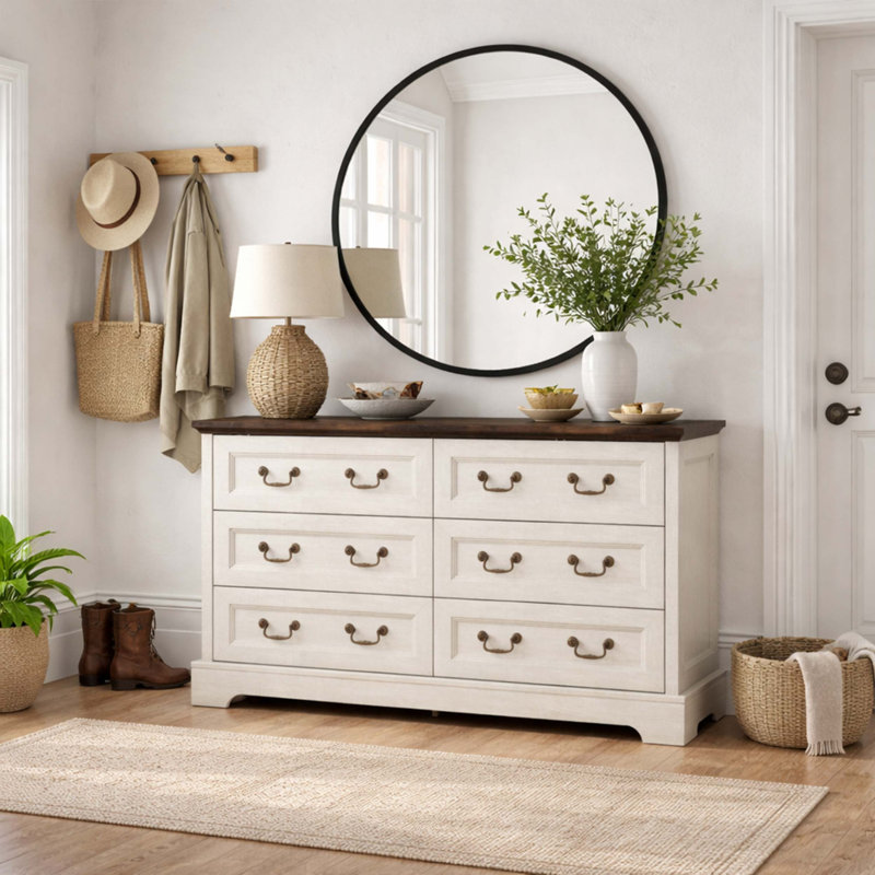 Commode en bois à six tiroirs Farmhouse avec poignées en métal, offrant beaucoup de rangement et un espace polyvalent pour la vie organisée.