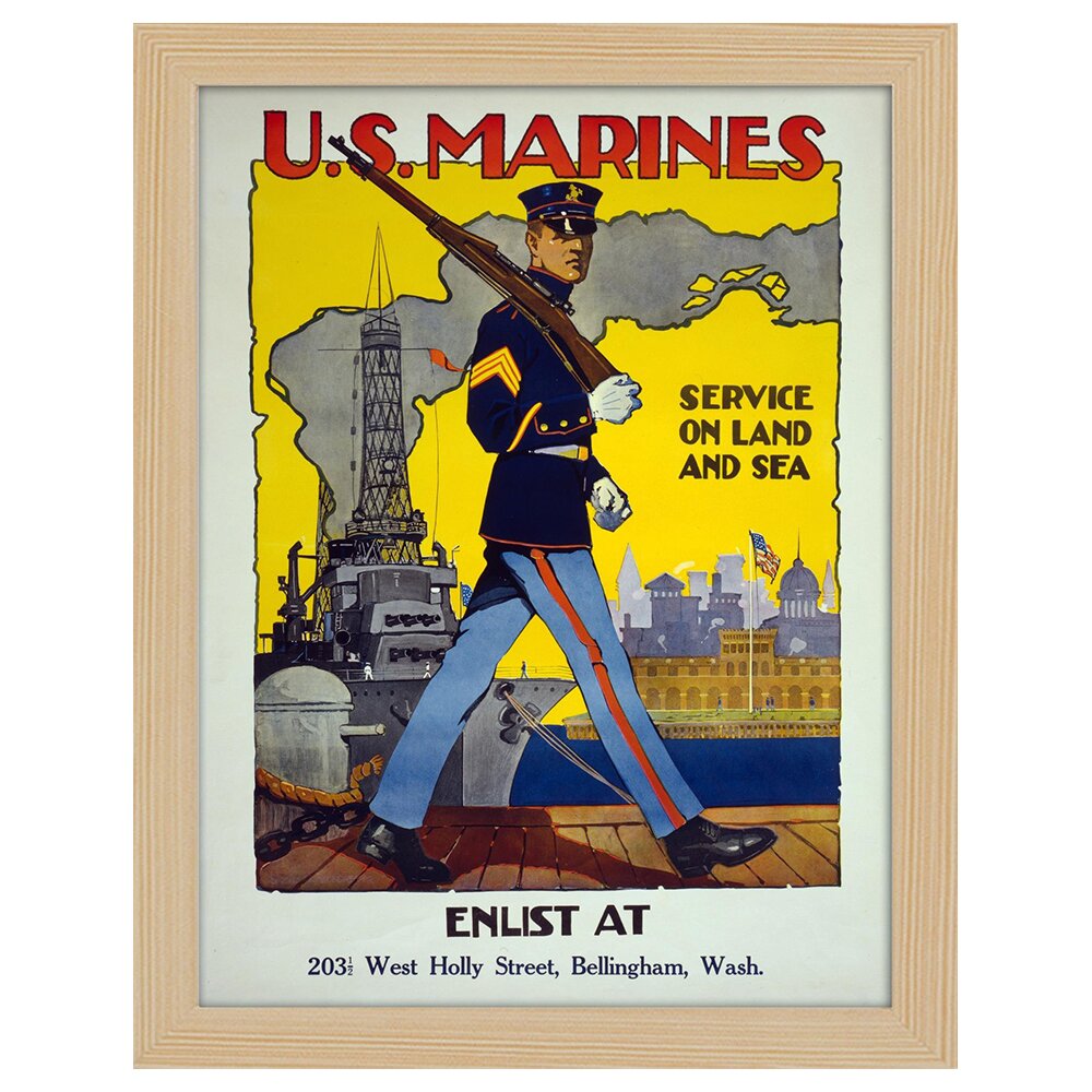 Leinwandbild Vintage War Propaganda Poster U.S. Marines, Dienst an Land und auf See