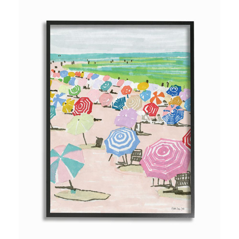 Pastel Umbrella Fillé Beach Landscape - impression d'art graphique, H 20 po x l 16 po x 1,5 po, Giclée encadrée noir minuit