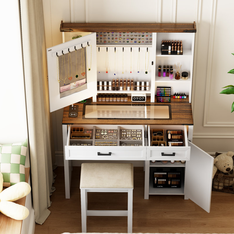  Avesta Makeup Vanity with Adjustable LED mirror and Jewelry Cabinet,Charging Station, Antique White