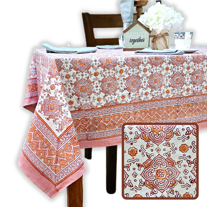 Handmade Floral 100% Cotton Tablecloth Collection, 90" x 60", Peach