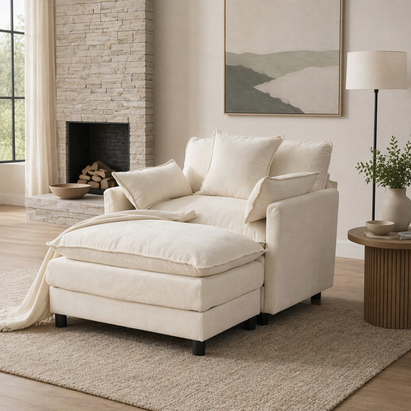 Accent Chair with Ottoman and Chenille Upholstery, Chenille beige