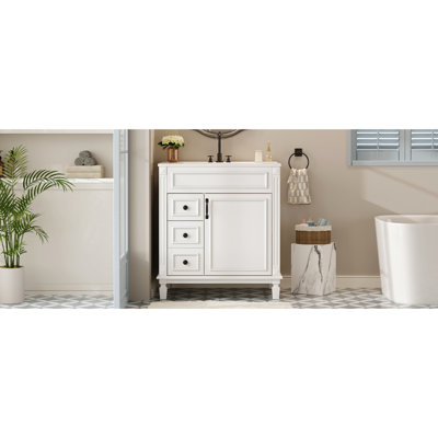 30" Bathroom Vanity With Ceramic Sink, Vintage - Inspired Button Handles, And Adjustable Shelf Space Saving In Compact Spaces 30 Inch Basin, Two Drawers Soft Close Hinges,