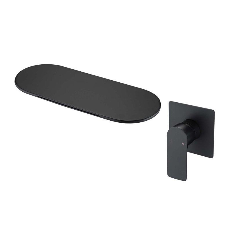 Modern Wall Mount Single Handle Bathroom Sink Faucet with Rough-in Valve, High Flow Filler Waterfall Tub Spout, Matte Black