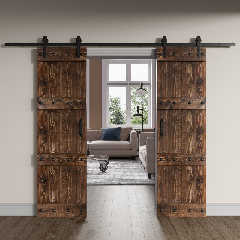 Porte de grange coulissante double en bois de pin avec trousse de quincaillerie Castle Series, Café Kona, 48 po x 84 po