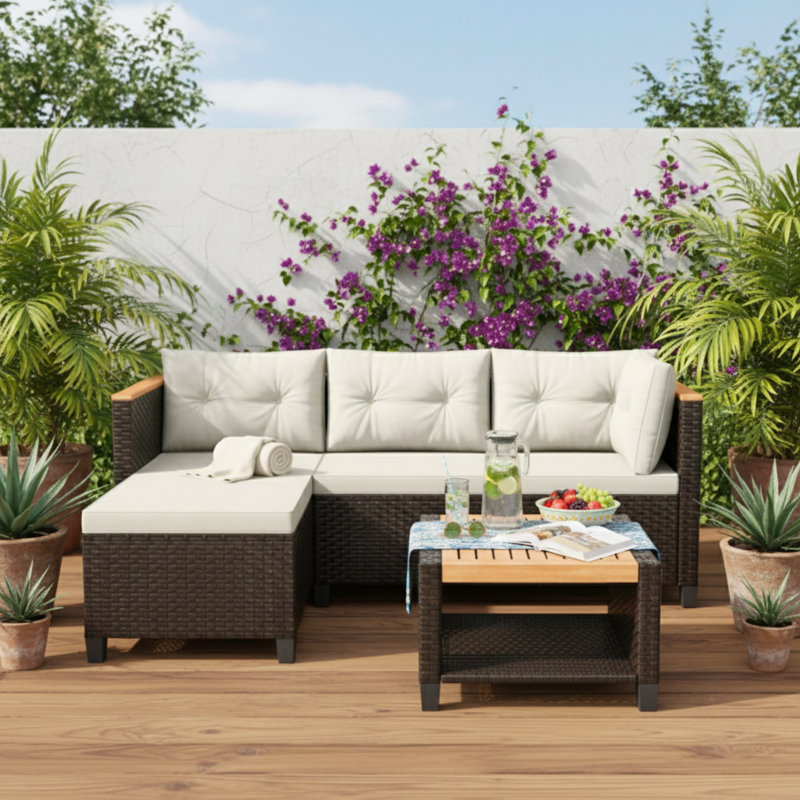 Ensemble de patio en osier 3 pièces avec coussins beiges et table de rangement en bois d'acacia pour espaces extérieurs compacts